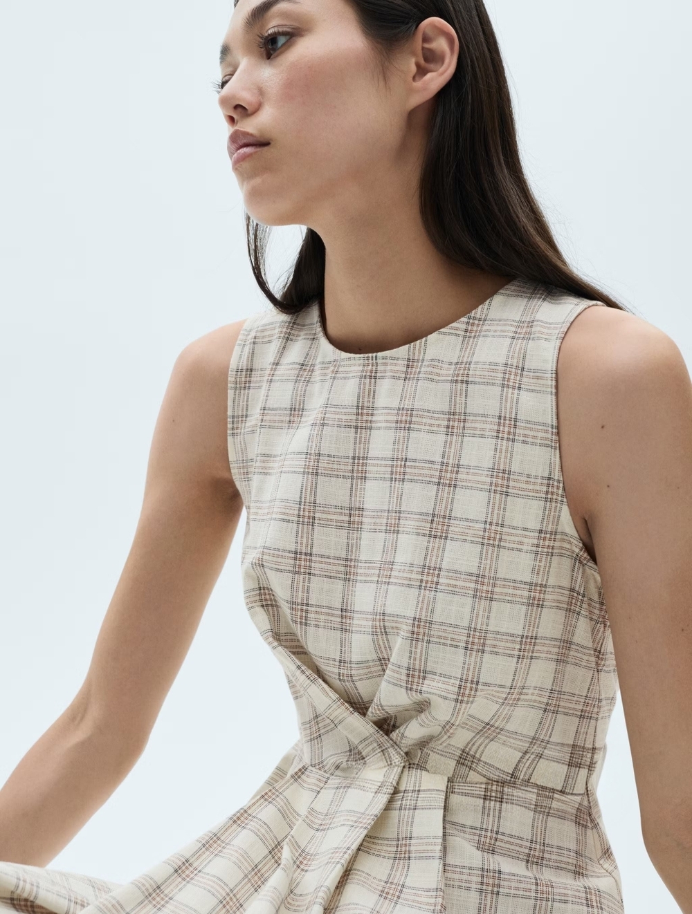 Mango Beige Plaid Sleeveless Midi Dress